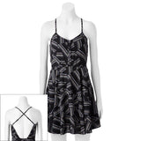 Large 9-11 Linear Geometric CROSS BACK SKATER DRESS Black Grey Light Blue White