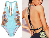 Sz 8 TURQUOISE or BLACK Floral Leaves 1-pc Deep V Neck Backless Peplum Swimsuit