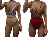 Sz 8 Deep V Neck 1-pc High-Waist Monokini Swimsuit Bathing Suit RED or KHAKI
