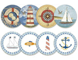 STONEWARE Drink COASTER Set & WOOD Caddy *NAUTICAL Sea ANCHOR Fish PELICAN REEF