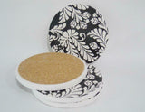 5-pc DAMASK Black White Stoneware COASTER SET w/Choice of HOLDER *Metal or Wood