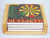 5-pc STONEWARE Drink COASTER Set & OAK Wood Caddy *POKER CARDS or BULLSEYE DARTS