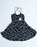 Large 9-11 Linear Geometric CROSS BACK SKATER DRESS Black Grey Light Blue White