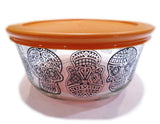 Pyrex DAY of the DEAD Halloween SUGAR SKULLS 4 Cup STORAGE BOWL Orange OR Black