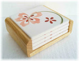 4 Corelle Square STONEWARE Drink COASTER Set +OAK WOOD CADDY Holder Beverage NEW