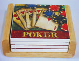 5-pc STONEWARE Drink COASTER Set & OAK Wood Caddy *POKER CARDS or BULLSEYE DARTS
