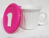 ❤️ CORNINGWARE 20-oz Soup MEAL MUG w/VENT LID Stoneware Microwave WHITE PINK