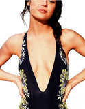Sz 8 TURQUOISE or BLACK Floral Leaves 1-pc Deep V Neck Backless Peplum Swimsuit