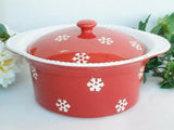 ❄️ SNOWFLAKE RED WHITE Stoneware COVERED CASSEROLE 10x5 Winter Holiday Bake