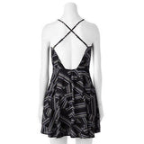 Large 9-11 Linear Geometric CROSS BACK SKATER DRESS Black Grey Light Blue White