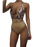Sz 8 Deep V Neck 1-pc High-Waist Monokini Swimsuit Bathing Suit RED or KHAKI
