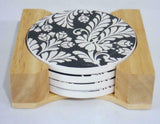5-pc DAMASK Black White Stoneware COASTER SET w/Choice of HOLDER *Metal or Wood