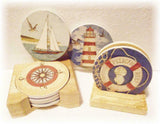 STONEWARE Drink COASTER Set & WOOD Caddy *NAUTICAL Sea ANCHOR Fish PELICAN REEF