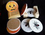 HALLOWEEN Stoneware COASTERS SPOOKY SPIDER w/Wooden Caddy *Only Spider Left!