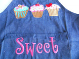 Children's Kids DENIM APRON Sweet Cupcakes Embroidered Kitchen Baking Blue Jean