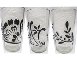 4 BLACK DAMASK 7-oz JUICE GLASSES Floral Spray Berries Leaves MATTE Finish 4.25"