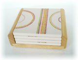 4 Corelle Square STONEWARE Drink COASTER Set +OAK WOOD CADDY Holder Beverage NEW
