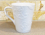 🌿NEW Corelle BELLA FAENZA 10-oz White PORCELAIN MUG CUP Embossed Floral Scrolls