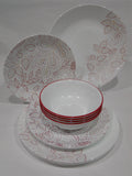 ❤️ NEW 12-pc Corelle LEAF STITCH Dinnerware Set *Rustic Floral RED GRAY Stitches