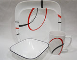 16-pc CORELLE Square FINE LINES DINNERWARE SET *Black Red Sweeping Arcs