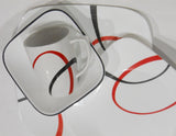 16-pc CORELLE Square FINE LINES DINNERWARE SET *Black Red Sweeping Arcs