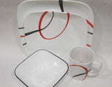 16-pc CORELLE Square FINE LINES DINNERWARE SET *Black Red Sweeping Arcs