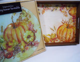 WATERCOLOR HARVEST PUMPKINS 13" Tempered Glass LAZY SUSAN & Wooden SERVING TRAY