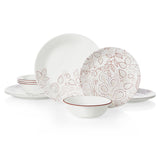❤️ NEW 12-pc Corelle LEAF STITCH Dinnerware Set *Rustic Floral RED GRAY Stitches