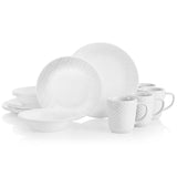 ❤️ 16-pc Corelle LINEN WEAVE DINNERWARE SET Plates Bowls Mugs *White Embossed