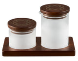 Corelle MARKET STREET New York MILK & SUGAR TRAY Cream Frosted Glass Acacia Wood