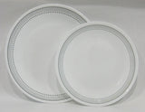 NEW 16-pc Corelle MYSTIC GRAY Dinnerware Set BORDER of SOFT GREY BANDS & DOTS