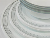 NEW 16-pc Corelle MYSTIC GRAY Dinnerware Set BORDER of SOFT GREY BANDS & DOTS