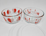 NW 4-pc PYREX Valentine 4 Cup Storage BOWLS * I LOVE YOU Red HEARTS White Covers
