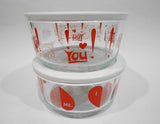 NW 4-pc PYREX Valentine 4 Cup Storage BOWLS * I LOVE YOU Red HEARTS White Covers