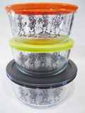 6-pc Pyrex MARIACHI BAND Storage Bowls Halloween BLACK Day of the Dead Skeletons