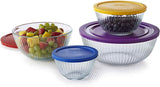 ❤️ 8-pc PYREX SCULPTURED Glass Mixing Bowl Set w/Covers PURPLE RED YELLOW BLUE