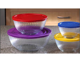 ❤️ 8-pc PYREX SCULPTURED Glass Mixing Bowl Set w/Covers PURPLE RED YELLOW BLUE