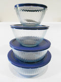 ❤️ NEW 8-pc PYREX Clear SCULPTURED Glass Mixing Bowl Set 4.5 Qt.10, 6, 3 Cup BLUE Lids