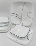 ❤️ 12-pc Corelle Square SIMPLE LINES DINNERWARE SET Plates Bowls *Sweeping Black Arcs