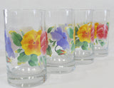 ❤️ New 4 CORELLE Pansy SUMMER BLUSH 7-oz JUICE GLASSES *Yellow Red Purple Floral