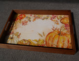 WATERCOLOR HARVEST PUMPKINS 13" Tempered Glass LAZY SUSAN & Wooden SERVING TRAY