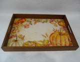 WATERCOLOR HARVEST PUMPKINS 13" Tempered Glass LAZY SUSAN & Wooden SERVING TRAY
