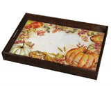WATERCOLOR HARVEST PUMPKINS 13" Tempered Glass LAZY SUSAN & Wooden SERVING TRAY