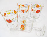 4 Corelle WILDFLOWER 10-oz WATER GOBLETS 6 3/4" Wine Glasses Orange Poppy Floral