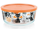 PYREX 7-Cup *FIENDISH FRIENDS Halloween Treats Glass Storage Bowl CATS BATS PUMPKINS SKULLS